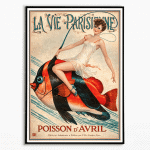 Affiche vintage Roland Garros 1984, style rétro avec illustration de poisson et femme élégante.