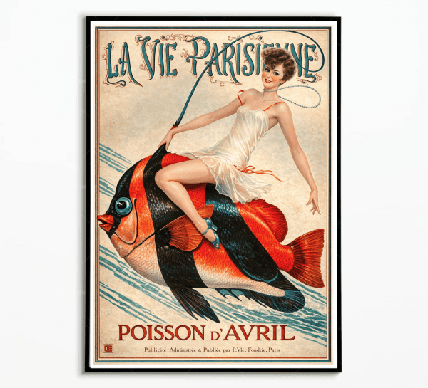 Affiche vintage Roland Garros 1984, style rétro avec illustration de poisson et femme élégante.