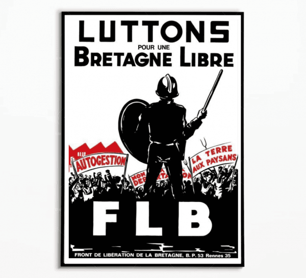 Affiche vintage de protestation pour la Bretagne libre, avec un soldat en silhouette et slogans enga.