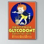 Affiche vintage publicitaire pour le dentifrice Glycodont, illustrée d’un enfant se brossant les den.