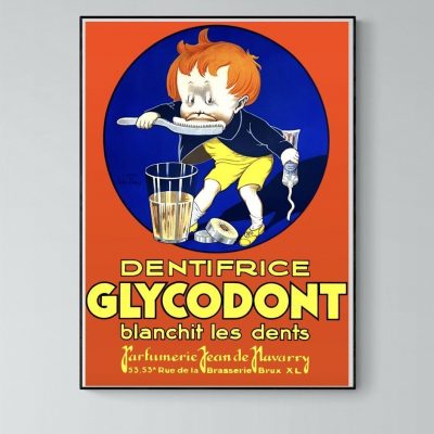 Affiche vintage publicitaire pour le dentifrice Glycodont, illustrée d’un enfant se brossant les den.