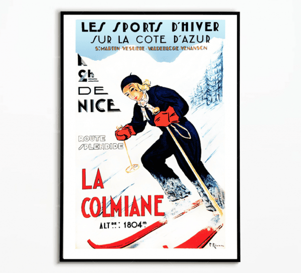 Affiche vintage sur les sports d'hiver à la Côte d'Azur, mettant en avant La Colmance et la route de.