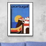 Affiche vintage Portugal Lisbonne, illustration colorée de la ville de Lisbonne avec le pont et le s.