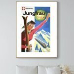 Affiche vintage Jungfrau Suisse avec skieuse et paysage alpin.