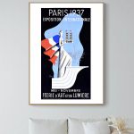 Affiche vintage de l'exposition internationale de Paris 1937, mettant en valeur l'art et la lumière.