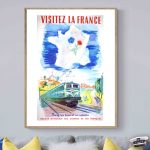 Affiche vintage SNCF pour promouvoir le tourisme en France, illustrant un train et la carte de Franc.