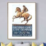 Affiche vintage de l'Olympiade de Stockholm 1956 avec cavalier à cheval.