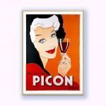 Affiche vintage Picon, illustration d'une femme avec verre de Picon, style rétro.