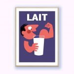 Affiche vintage Lait avec personnage musclé et verre de lait.