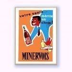 Affiche vintage Minervois vin avec design rétro et couleurs vives, mettant en valeur la qualité supé.