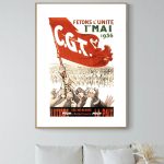 Affiche vintage 1er mai 1936 C.G.T. avec drapeau rouge et manifestants.