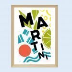 Affiche vintage Martini avec motifs colorés et modernes.