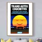 Affiche vintage SNCF mettant en avant les trains auto couchettes pour un voyage confortable.