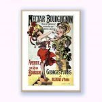 Affiche vintage Nectar Bourguignon avec femme et grappes de raisin.