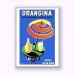 Affiche vintage Orangina avec bouteille et verre, style rétro, idéale pour décoration murale.