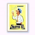 Affiche vintage Pastis 51 avec personnage souriant portant un verre de pastis, style rétro et coloré.