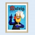 Affiche vintage Mutzig bière avec personnage et verre de bière.