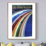 Affiche vintage SNCF avec trains et couchettes colorées, décoration rétro.