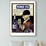 Affiche vintage Pernod avec bouteille et verre d'absinthe, style rétro et décoration murale.