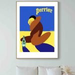 Perrier affiche rétro avec bouteille et silhouette féminine.