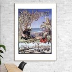 Affiche vintage Rhum Chauvet, illustration colorée de plantation de canne à sucre et port maritime,.