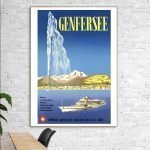 Affiche vintage de Pontresina en Suisse avec montagnes et bateau sur le lac Léman.