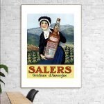 Affiche vintage de Salers Gentiane d'Auvergne avec femme en costume traditionnel.