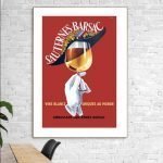 Affiche vintage de Sauternes Barsac avec verre de vin blanc et chapeau élégant.