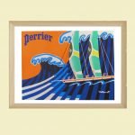 Affiche Perrier vintage dans un style rétro, représentant une scène de voiliers avec des couleurs vi.