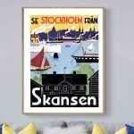 Affiche vintage de Stockholm avec vue sur le port de Skanzen, illustrant le charme maritime suédois.