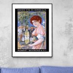 Affiche vintage représentant une scène de dégustation de vin à Bordeaux, signée Robert Behrend, form.