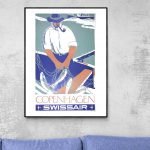Affiche vintage Copenhague Swissair avec pêcheur en mer, style rétro et couleurs vives.