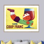 Affiche vintage vin coup franc, illustration colorée d’un personnage avec verre de vin, style rétro.