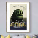 Affiche vintage de train SNCF avec design rétro, évoquant le voyage en train et l'époque des auto-co.