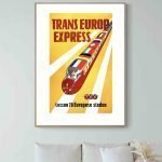 Affiche vintage de train Trans Euro Express avec drapeaux européens, style rétro, décoration murale.