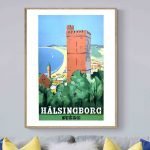 Affiche vintage de la tour de Hälsingborg en Suède, style rétro, décoration murale.