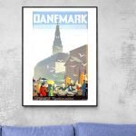 Affiche vintage représentant Copenhague, Danemark, avec la tour emblématique et une scène de marché.