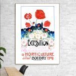 Affiche vintage pour exposition horticole à Boudry, 1908, mettant en valeur la culture des hortensia.