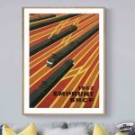 Affiche vintage SNCF avec trains et lignes colorées, style rétro 1960s.