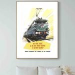 Affiche vintage d'une locomotive électrique avec texte sur la vitesse, la précision et le confort. I.