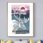 Affiche vintage de Suède avec renne et coucher de soleil.