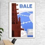 Affiche vintage de la Foire Suisse à Bale, 1934, avec vue sur le pont de Pontresina.