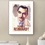 Affiche vintage de Django Reinhardt, musicien de jazz manouche célèbre. Parfait pour décoration rétr.