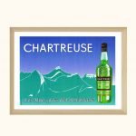 Affiche vintage de la Chartreuse avec montagnes des Alpes en fond et bouteille de Chartreuse en prem.