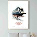 Affiche vintage d'un train ancien avec message sur vitesse, confort et précision.