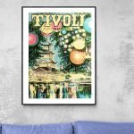 Affiche vintage de Tivoli, parc d'attractions historique à Copenhague, avec décorations colorées et.