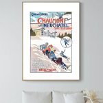 Affiche vintage de l'hôtel Engelberg en Suisse, illustrant une scène de ski hivernal.