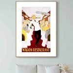 Affiche vintage de wagon-restaurant avec serveur dans un train.