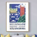 Affiche vintage de Helsingborg, ville portuaire en Suède, avec château et bateaux dans le port.