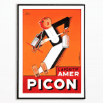 Panneau publicitaire vintage Picon avec personnage stylisé.